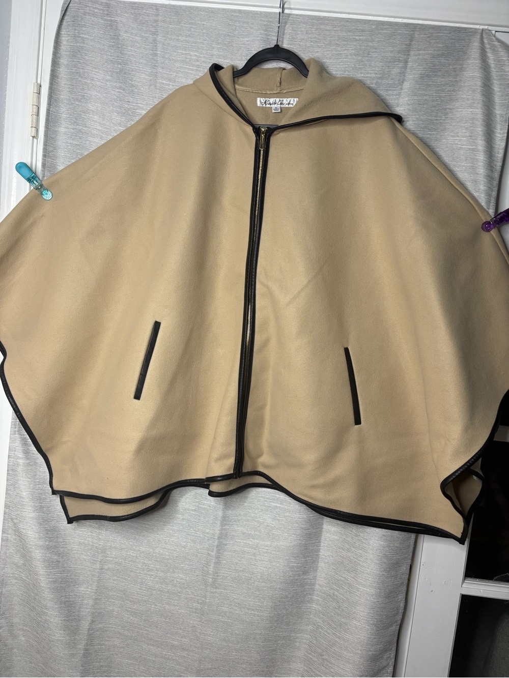 Kenneth Cole New York Tan Hooded Zip Cape with Black Trim